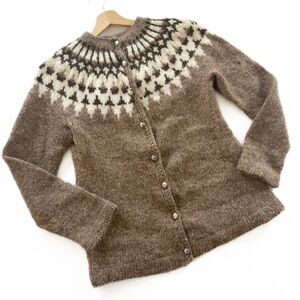 Alafoss Cardigan Sweater Women Small Icelandic Wool Hand Knitted Brown Fair Isle